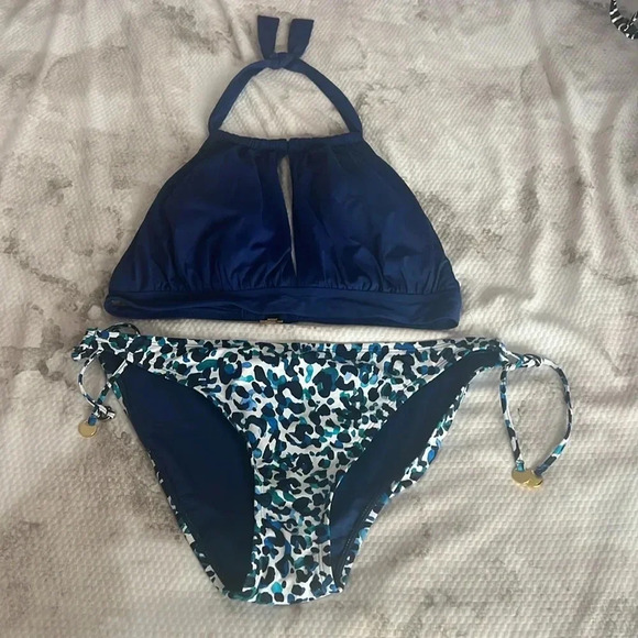 Bleu Rod Beattie All Tied Up Navy Hi-Neck Top and Tie Sides Bikini Bottom Sz 10 - Picture 6 of 10